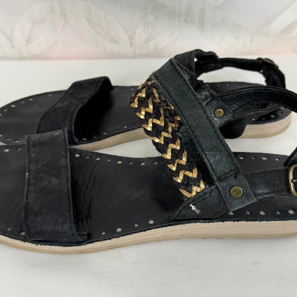 Ugg Black Leather Elin Sandals Buckle Flats Braided Gold Accents Women Sz 7M‎ US - Picture 12 of 12